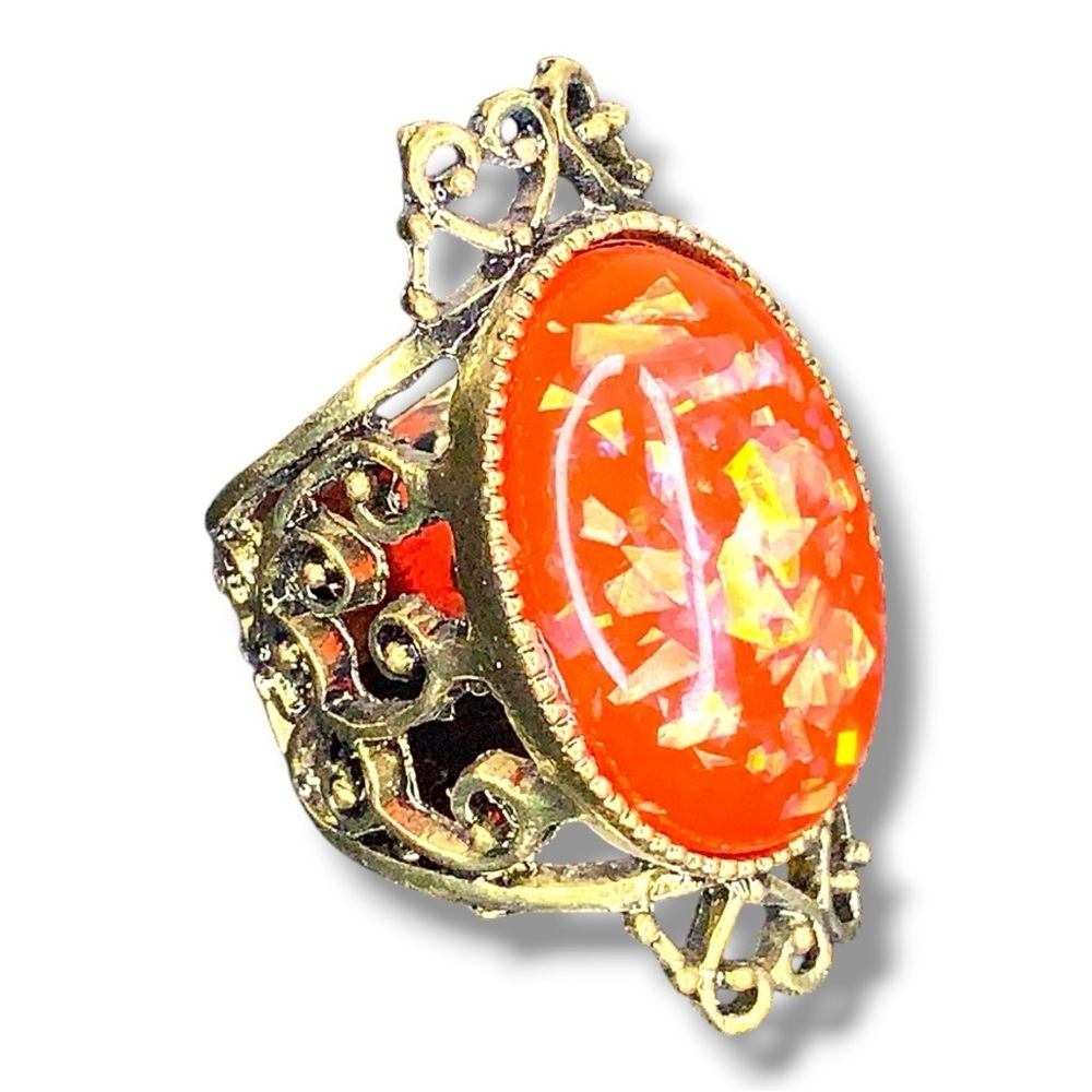Size 7.5 Cocktail Ring Brass Look Orange Red Sparkle Center Stone Ring Goth